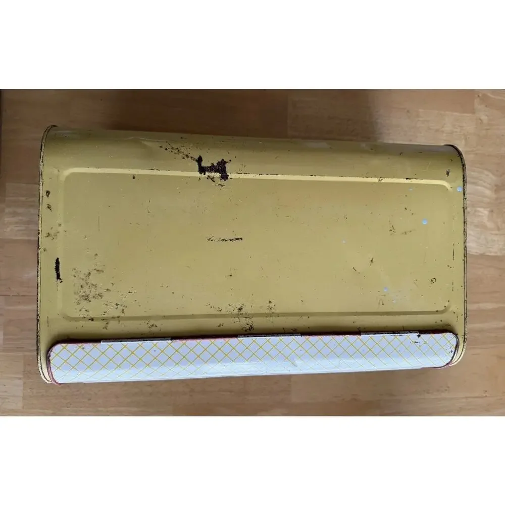 Vintage‎ Decoware Metal Bread Box w/Yellow Lattice Pattern W/Cherry motif